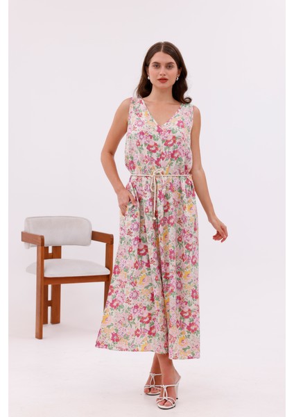Desenli Viskon Kumaş Bağcıklı Uzun Elbise fiyatları