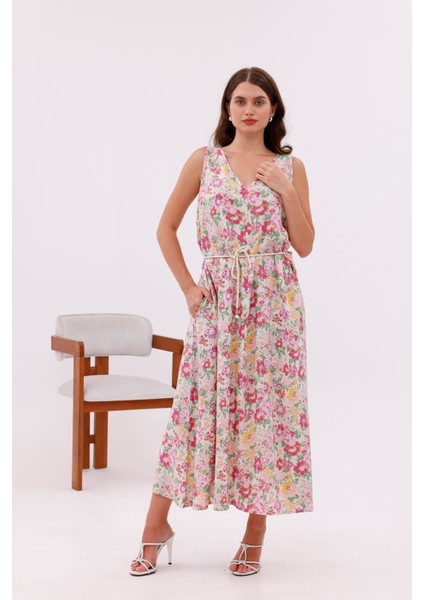 Desenli Viskon Kumaş Bağcıklı Uzun Elbise modelleri