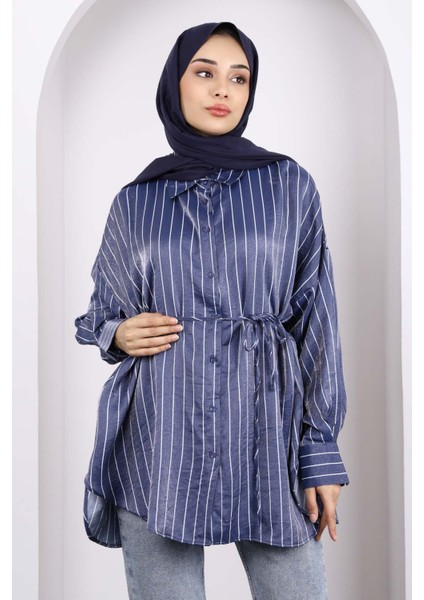 Lacivert Çizgili Ön Düğmeli Tunik modelleri