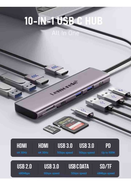 10'un 1'i Çoğaltıcı Hub Usb 3.0/HDMI/100W/Type-C/Sd/TF Kart/Usb 2.0 CE Lisanslı Metal Sağlam Orjinal fiyatları