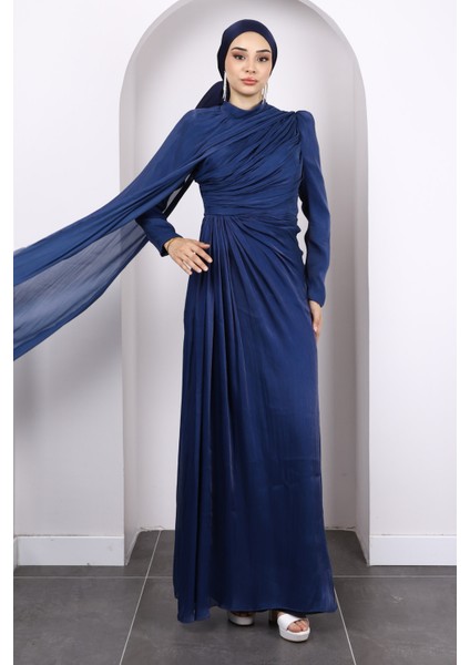 Lacivert Önü Büzgülü Abiye