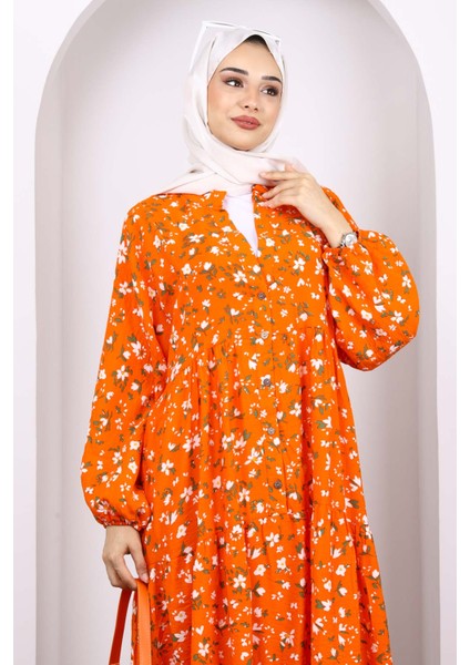 Orange Yarım Düğmeli Eteği Katlı Elbise