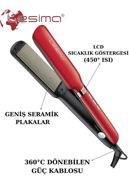 Kırmızı LS-207 River Serisi Profesyonel 450° Isı Saç Düzleştirici