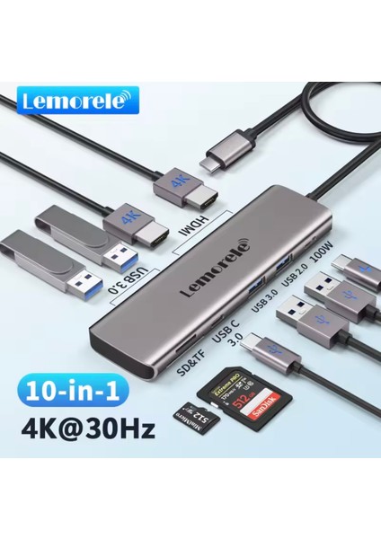 10'un 1'i Çoğaltıcı Hub Usb 3.0/HDMI/100W/Type-C/Sd/TF Kart/Usb 2.0 CE Lisanslı Metal Sağlam Orjinal