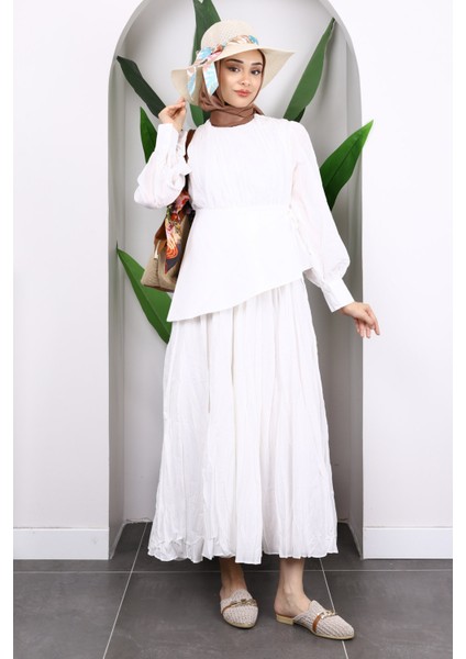 Ekru Kuşak Detaylı Kraş Elbise