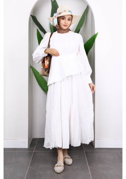 Ekru Kuşak Detaylı Kraş Elbise fiyatları