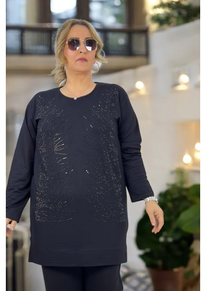 Siyah Taş Işlemeli Ful Likralı Kristal 2 Iplik Kumaş Büyük Beden Tunik Pantolon Ikili Takım modelleri