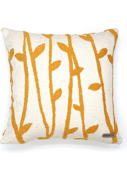 StemLine Serisi Yaprak Desenli Punch İşlemeli Kırlent Kılıfı 40x40cm - Hardal