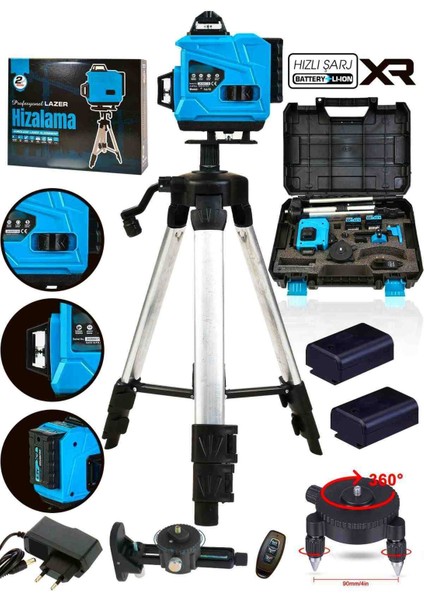 Çift Batarya 360° 16 Köşe Otomatik Hizalama Tripod'lu Lazer Metre Hizalama