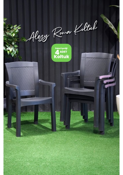Roma Rattan Sırtlı Kollu Koltuk Balkon Bahçe Sandalyesi 4'lü Set