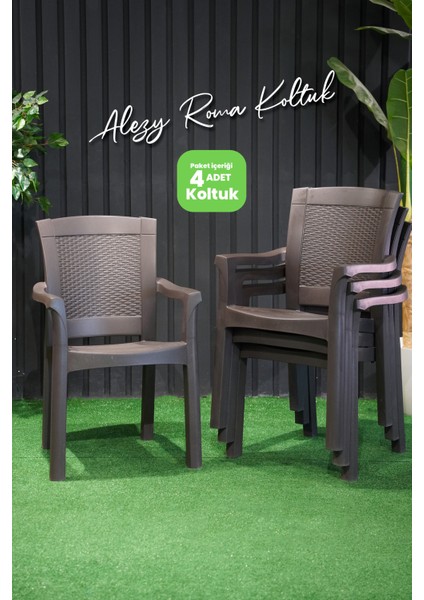 Roma Rattan Sırtlı Kollu Koltuk Balkon Bahçe Sandalyesi 4'lü Set