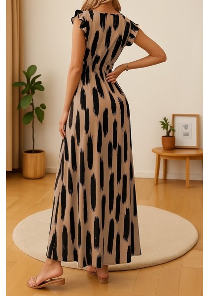 Kadın Kısa Kollu V Yakalı Yırtmaçlı Çiçek Desenli Süprem Elbise indirimleri