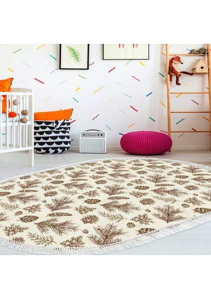 Kaymaz Dijital Mutfak & Salon Halı Trend Saçaklı Oval Vintage AL5007 Bej