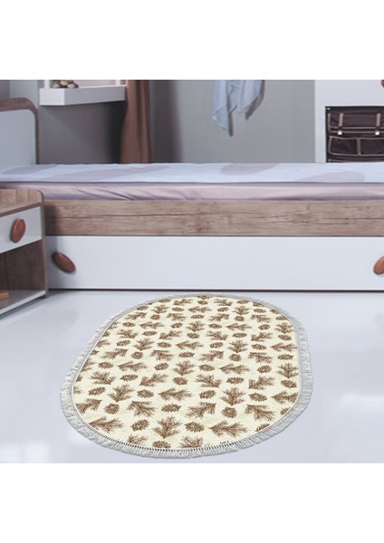 Kaymaz Dijital Mutfak & Salon Halı Trend Saçaklı Oval Vintage AL5013 Bej
