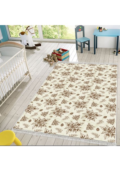Kaymaz Dijital Mutfak & Salon Halı Trend Saçaklı Vintage AL5008 Bej