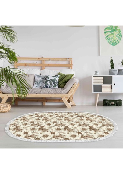 Kaymaz Dijital Mutfak & Salon Halı Trend Saçaklı Oval Vintage AL5009 Bej