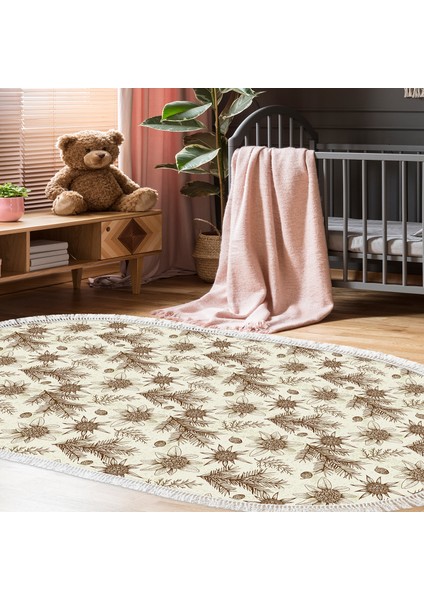 Kaymaz Dijital Mutfak & Salon Halı Trend Saçaklı Oval Vintage AL5009 Bej
