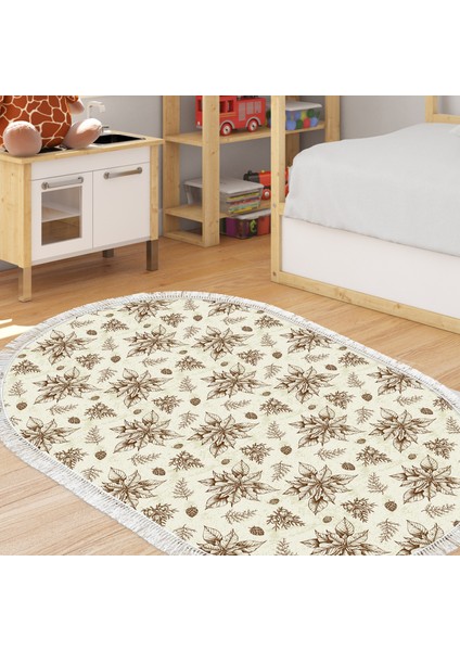 Kaymaz Dijital Mutfak & Salon Halı Trend Saçaklı Oval Vintage AL5008 Bej