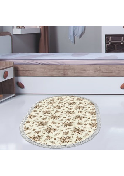 Kaymaz Dijital Mutfak & Salon Halı Trend Saçaklı Oval Vintage AL5008 Bej