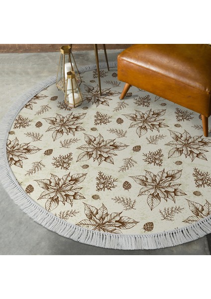 Kaymaz Dijital Mutfak & Salon Halı Yıldız Deri Saçaklı Yuvarlak Vintage AL5008 Bej
