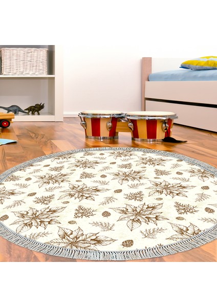 Kaymaz Dijital Mutfak & Salon Halı Yıldız Deri Saçaklı Yuvarlak Vintage AL5008 Bej