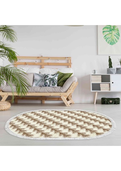 Kaymaz Dijital Mutfak & Salon Halı Trend Saçaklı Oval Vintage AL5010 Bej