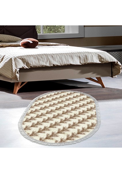 Kaymaz Dijital Mutfak & Salon Halı Trend Saçaklı Oval Vintage AL5010 Bej