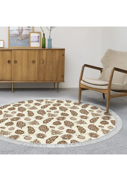 Kaymaz Dijital Mutfak & Salon Halı Trend Saçaklı Yuvarlak Vintage AL5014 Bej