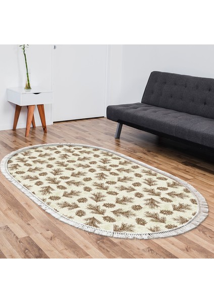 Kaymaz Dijital Mutfak & Salon Halı Yıldız Deri Saçaklı Oval Vintage AL5013 Bej