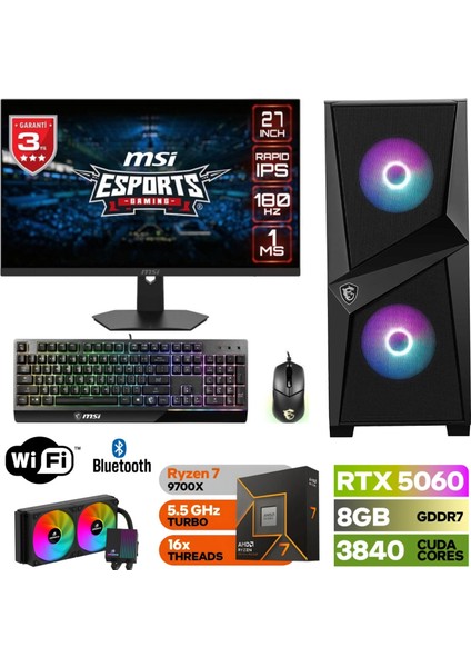 Şafak – Gaming Pc Ddr5 – 27”180HZ 1ms -Rtx 5060 8gb – Ryzen 7 9700X– 32GB -64GB Ddr5 Ram – 1 Tb M.2 SSD – Klavye Mouse – Sıvı Sogutma