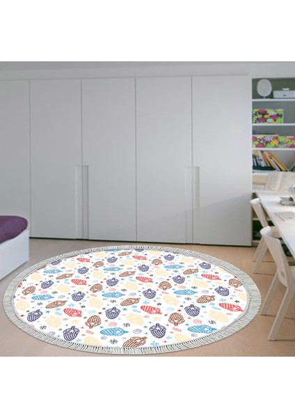 Kaymaz Dijital Mutfak & Salon Halı Toprak Saçaklı Yuvarlak Çocuk AL5006 Beyaz