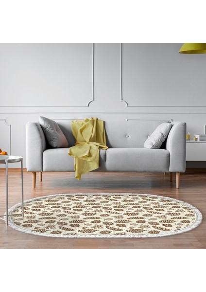 Kaymaz Dijital Mutfak & Salon Halı Yıldız Deri Saçaklı Oval Vintage AL5014 Bej