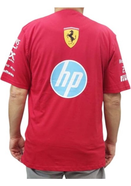 Erkek Yuvarlak Yakalı Ferrari Yazılı Baskılı Kısa Kollu Kırmızı Tişört Ety-Frhp
