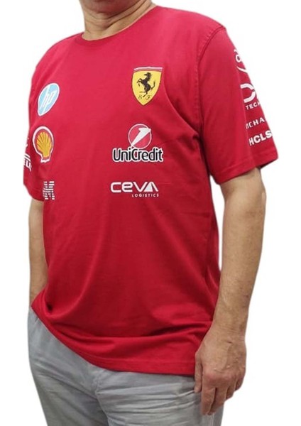 Erkek Yuvarlak Yakalı Ferrari Yazılı Baskılı Kısa Kollu Kırmızı Tişört Ety-Frhp