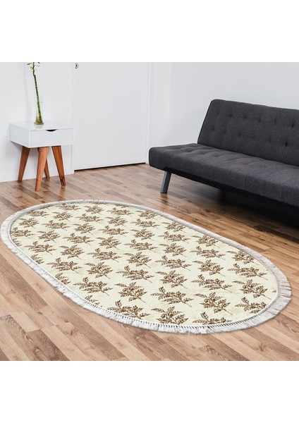 Kaymaz Dijital Mutfak & Salon Halı Toprak Saçaklı Oval Vintage AL5011 Bej