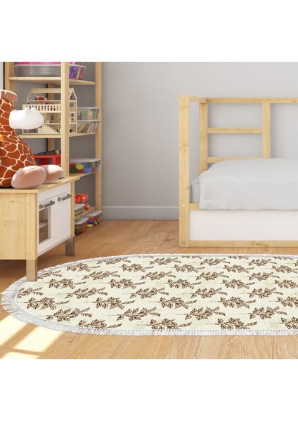 Kaymaz Dijital Mutfak & Salon Halı Toprak Saçaklı Oval Vintage AL5011 Bej