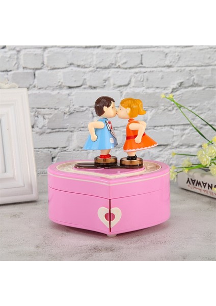 Kalp Tasarımlı Öpüşen Aşıklar Temalı Hareketli Müzik Kutusu​ Pembe