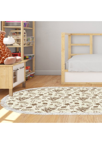 Kaymaz Dijital Mutfak & Salon Halı Saray Deri Saçaklı Oval Vintage AL5012 Bej