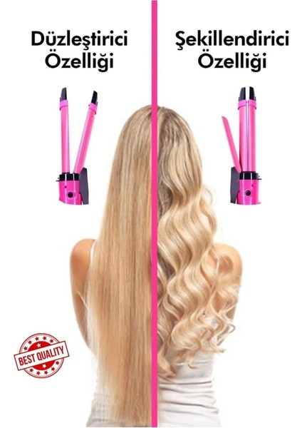 Pembe Ikili Saç Düzleştirici ve Şekillendirici Seti, Hızlı ve Kolay Kullanım