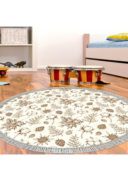 Kaymaz Dijital Mutfak & Salon Halı Toprak Saçaklı Yuvarlak Vintage AL5012 Bej