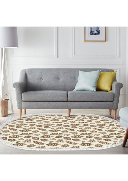 Kaymaz Dijital Mutfak & Salon Halı Toprak Saçaklı Oval Vintage AL5014 Bej