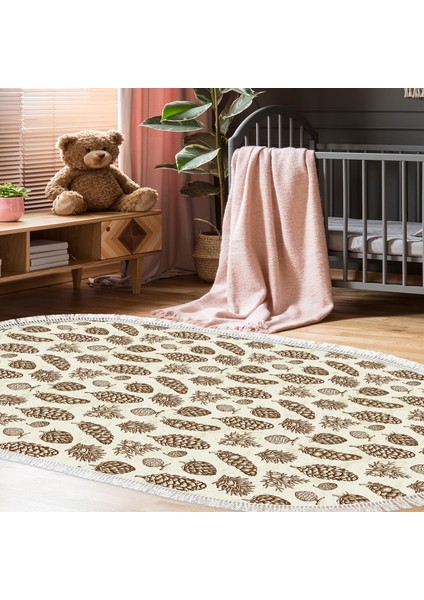 Kaymaz Dijital Mutfak & Salon Halı Toprak Saçaklı Oval Vintage AL5014 Bej