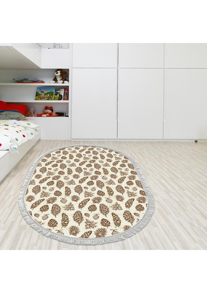 Kaymaz Dijital Mutfak & Salon Halı Toprak Saçaklı Oval Vintage AL5014 Bej
