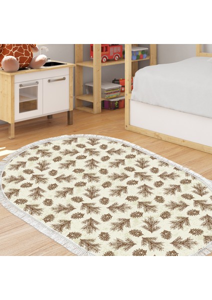 Kaymaz Dijital Mutfak & Salon Halı Toprak Saçaklı Oval Vintage AL5013 Bej