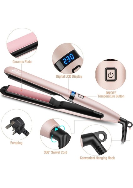 Dijital Seramik Saç Düzleştirici, Ayarlanabilir Sıcaklık, LCD Ekran, Pembe