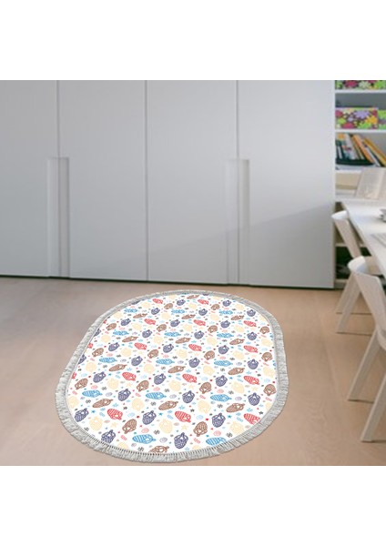Kaymaz Dijital Mutfak & Salon Halı Toprak Saçaklı Oval Çocuk AL5006 Beyaz
