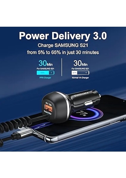 51W Yaylı Şarj Kablolu 2 Girişli Type-C ve Usb Hızlı CE+Rohs Lisanslı Orjinal Sağlam Araç Şarjı