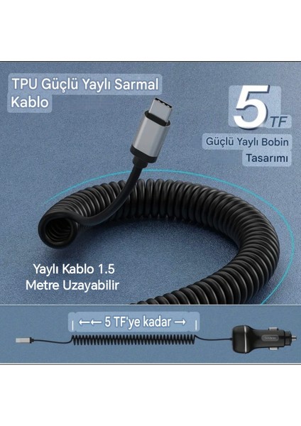 51W Yaylı Şarj Kablolu 2 Girişli Type-C ve Usb Hızlı CE+Rohs Lisanslı Orjinal Sağlam Araç Şarjı