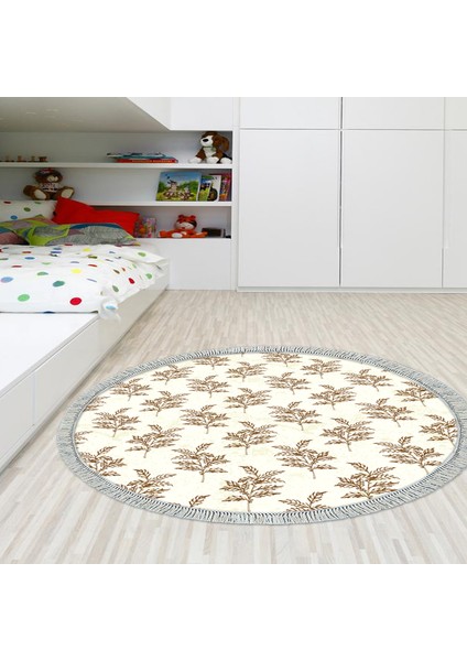 Kaymaz Dijital Mutfak & Salon Halı Luna Pamuk Saçaklı Yuvarlak Vintage AL5011 Bej