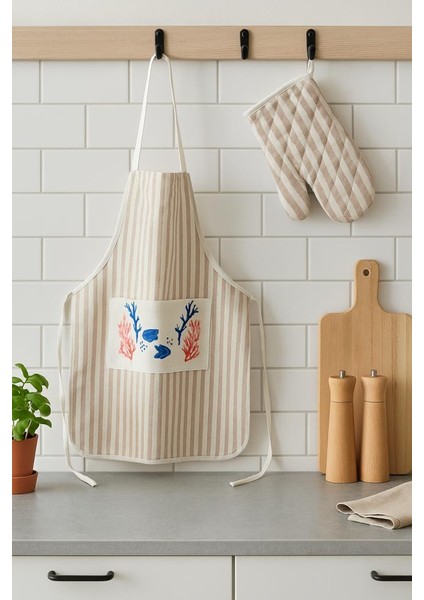 Doğal Pamuklu Çizgili Mutfak Önlüğü ve Fırın Eldiveni Seti Deniz Temalı Cepli Isıya Dayanıklı 2’li Şık Mutfak Takımı